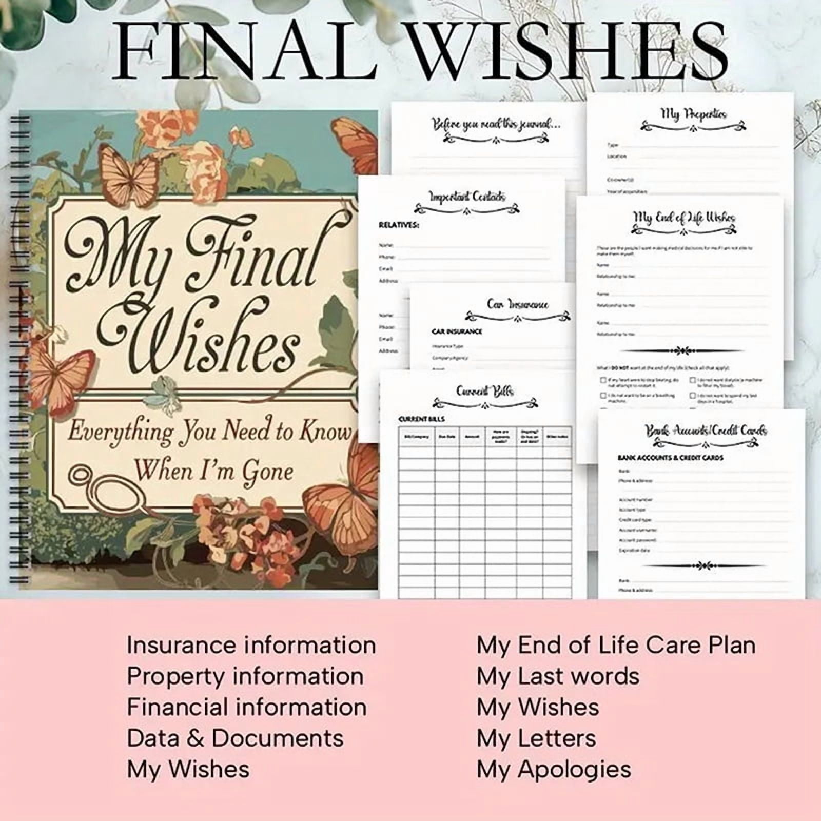 End Of Life Planning Notebook For Preparing Final Arrangements, Beneficiary Information, Funeral Planning, Last Wishes