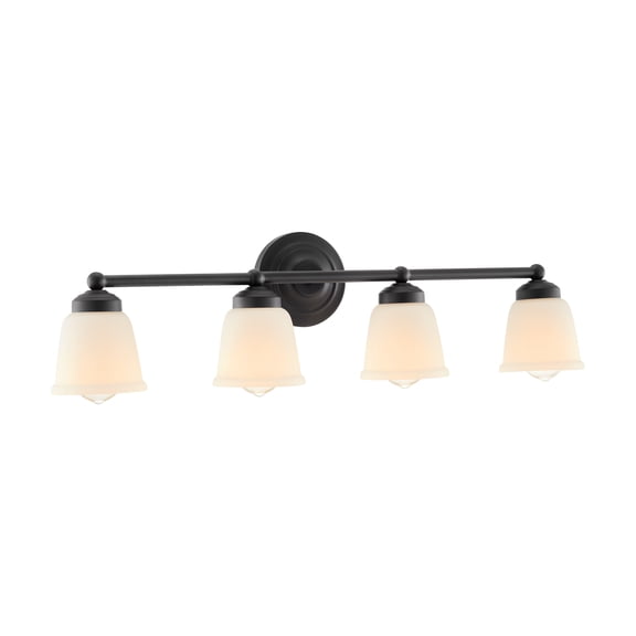 Aspen Creative 62015-2, Four-Light Metal Bathroom Vanity Wall Light Fixture, 15 1/2" Wide, Transitional Design in Bronze with Frosted Seeded Glass Shade