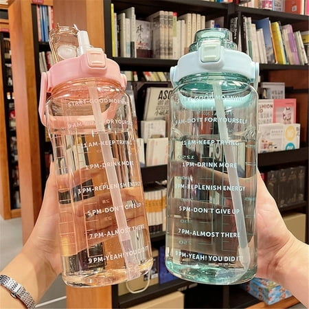 

2L Sports Straw Water Bottle With Stickers Portable Large Capacity Fitness Bike Cup Summer Ice Cold Water Jug With Time Marker Sports Water Bottle
