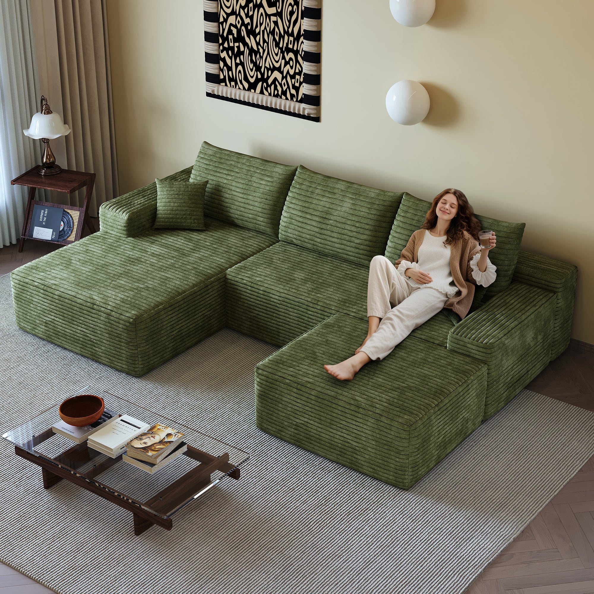 Sailvan 107" Cloud Sectional Couch, Cloudy Sofa with L-Shape Chaise & Ottoman, Upholstered Couches for Living Room & Bedroom, No Assembly Required, Plush Corduroy Fabric, Green