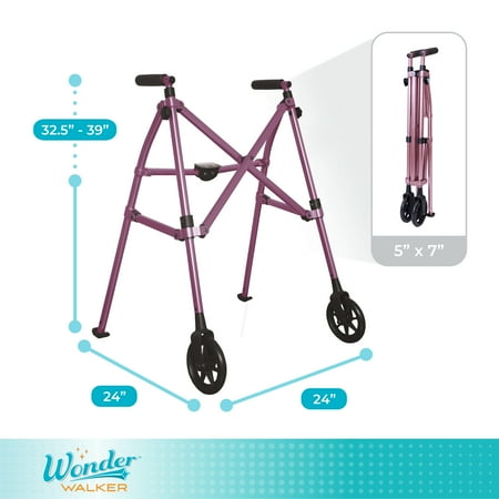 Stander Wonder Walker, Lightweight Folding Space Saver Walker for Seniors, Adult Walker with Wheels, Two Wheeled Rolling Walker and Ski Glides, Pink