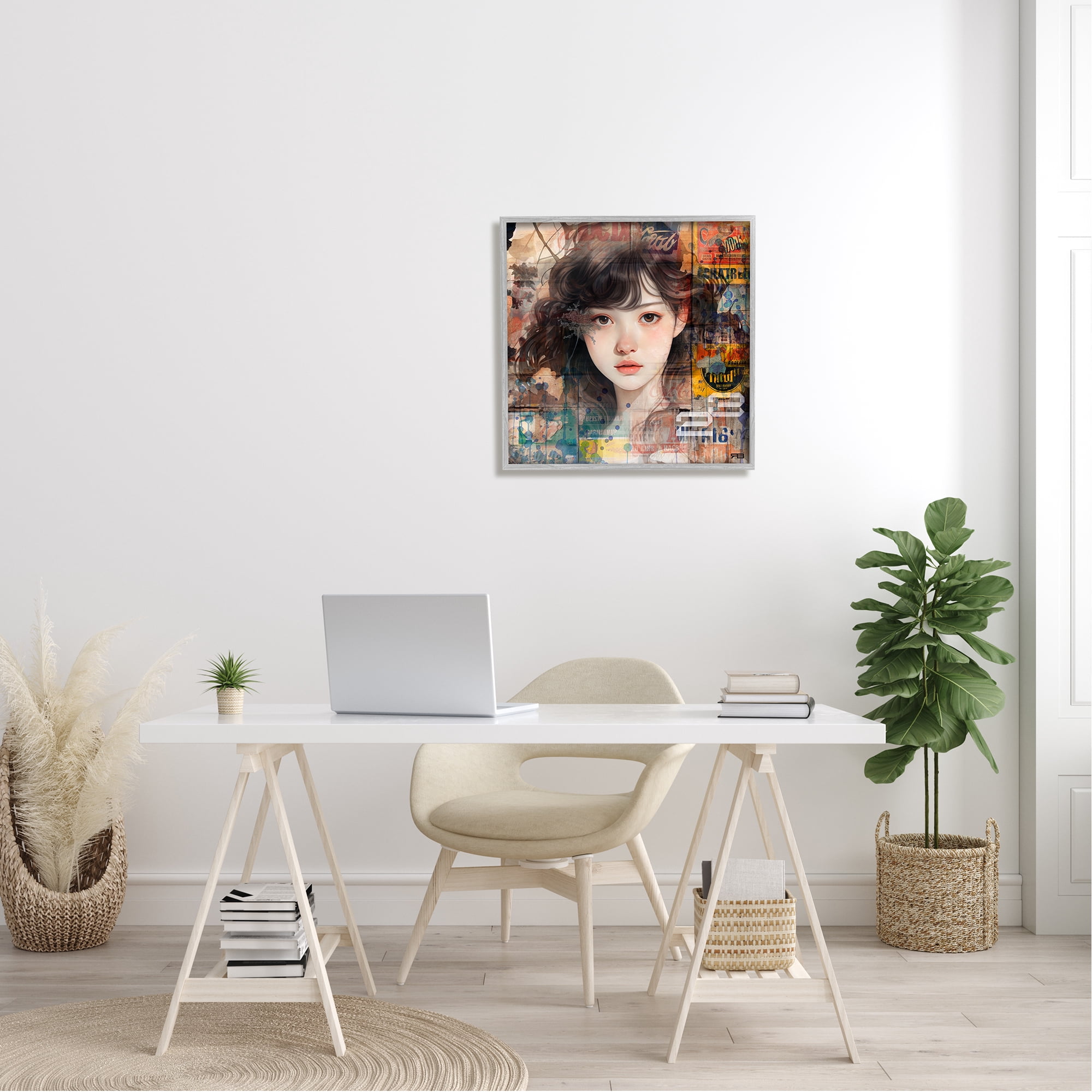 Stupell Industries Girl on Vintage Collage Abstract Painting Gray Framed Art Print Wall Art, 24 x 24