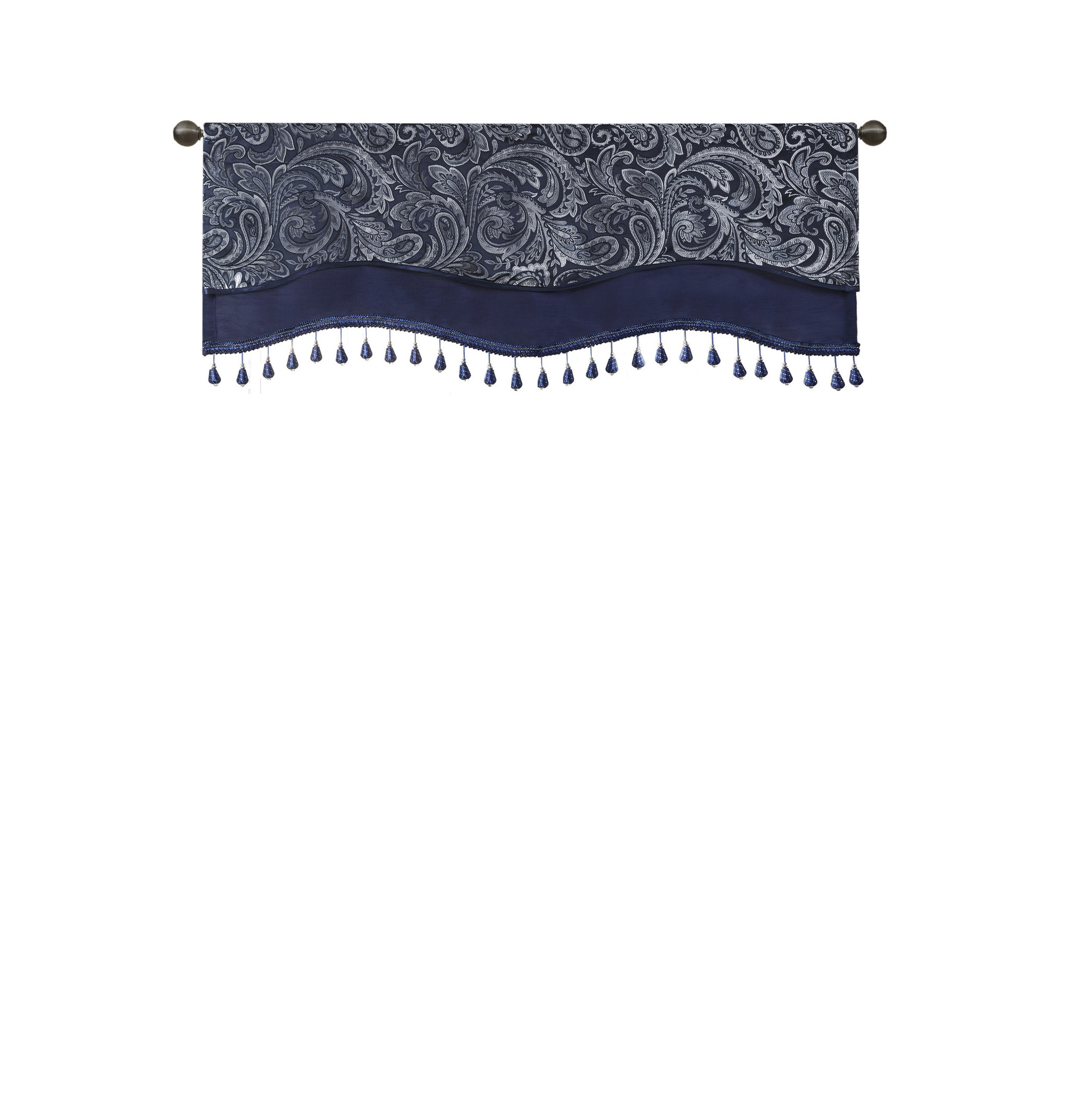 Jacquard Window Rod Pocket Valance With Beads Navy 50x18" Navy + Polyester