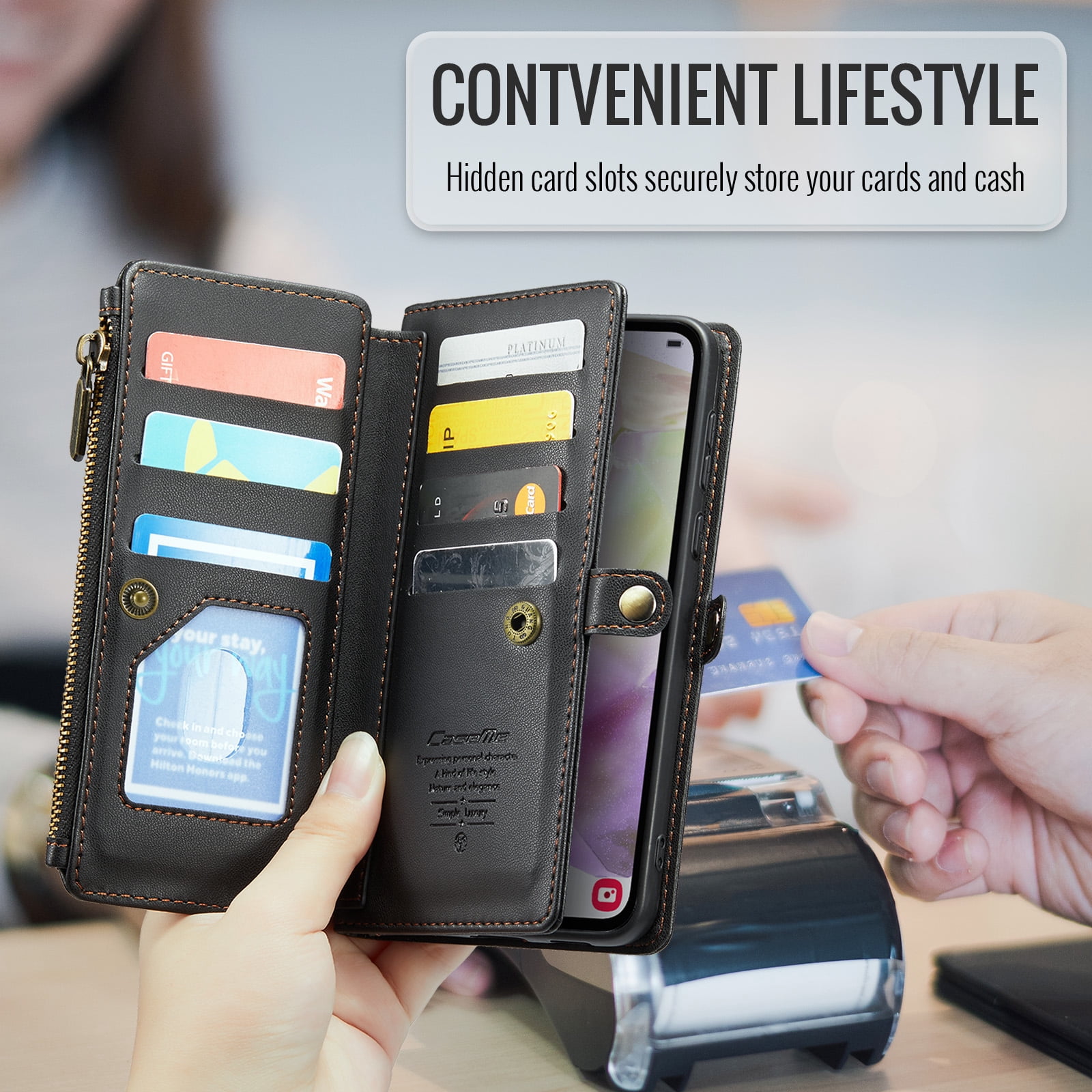 for Samsung Galaxy A14 5G Full Body Protection Wallet Folio Flip Case, Shoulder Strap & Wristlet Card Slots Zipper Pocket RFID Blocking Rugged Durable PU Leather Phone Case Cover, Black