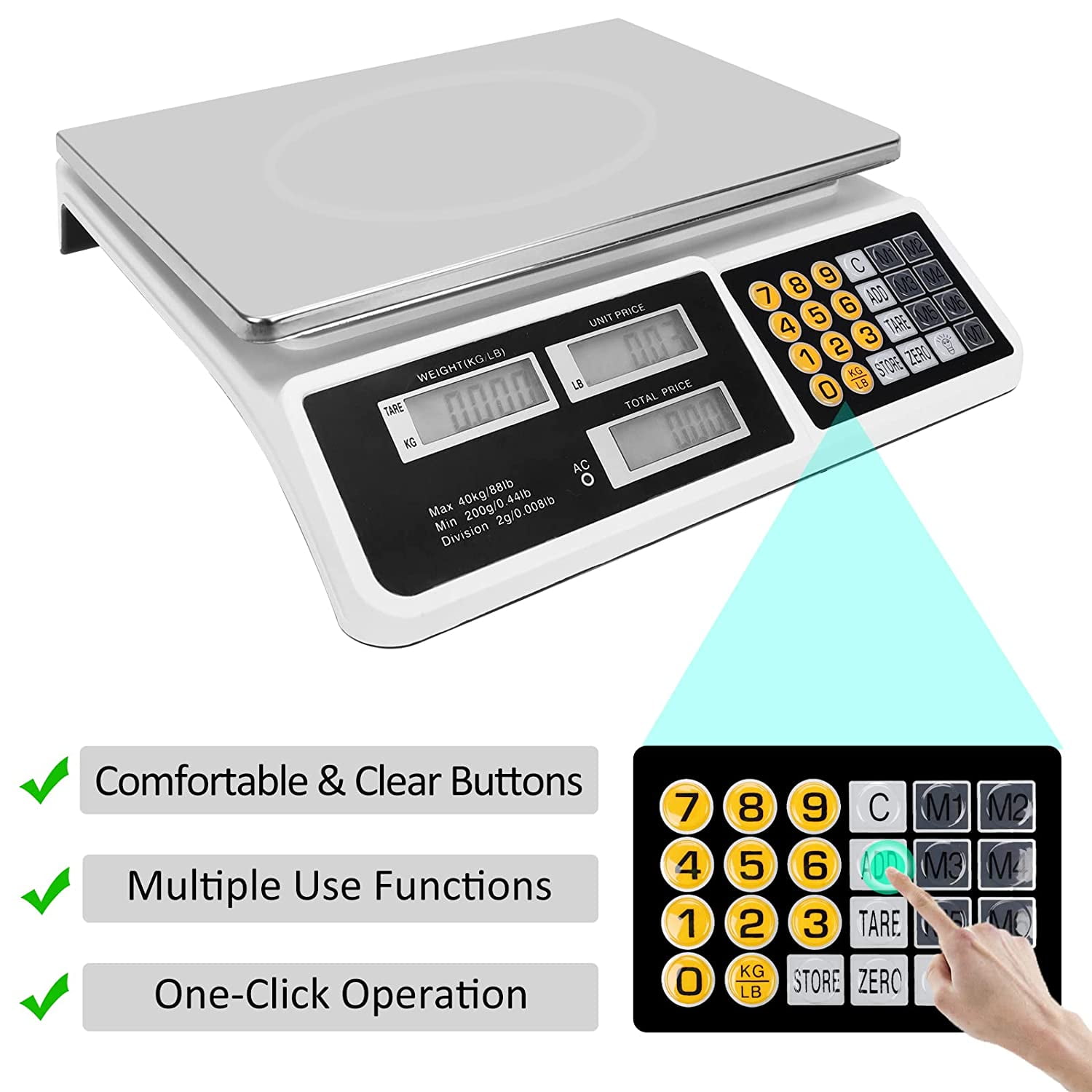 EAYSG Digital Commercial Food Scales 88lb/40kg Price Scale Food Produce Counting Weight Scale Dual LCD Display for Farmers Market, Retail Outlets, Meat Shop