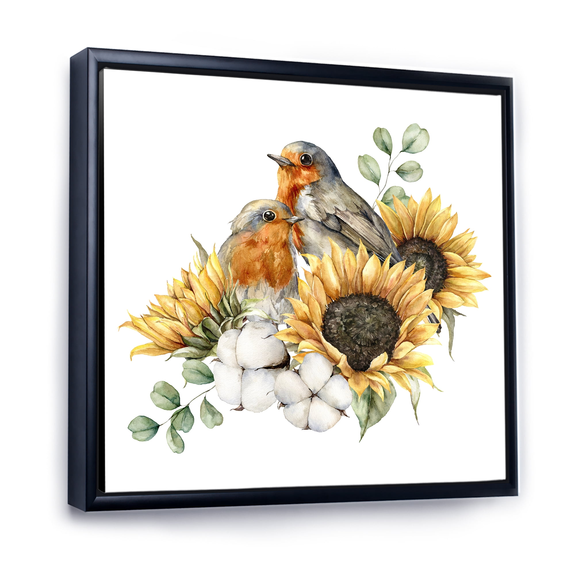 Designart 'Autumn Bouquet With Robin Redbreasts Sunflowers Cotton' Traditional Framed Canvas Wall Art Print