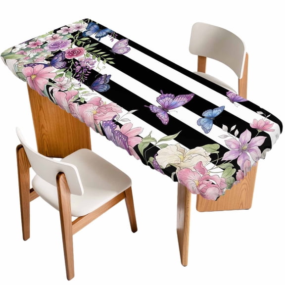 Pink Flowers Table Cloths for 8 Foot Rectangle Tables, Spring Floral Watercolor Botanical Farmhouse Striped Patio Waterproof Elastic Fitted Tablecloths, Washable Rectangular Table Cover for Camping