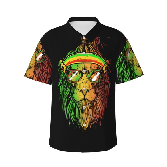 Chemises à Boutons pour Hommes Drapeau Jamaïcain Rasta Lion Noir Hawaïen Manches Courtes T-Shirts Tropicaux Moyen