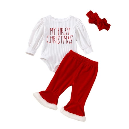

wybzd 3PCS Newborn Infant Baby Girls Christmas Outfits My 1st Christmas Ribbed Romper Bell Bottom Pant Xmas Outfit