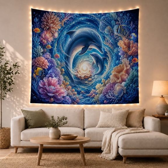Dolphins Swimming Through Blue Floral Waves, Dreamy Coastal Style for Ocean Lovers, Dolphin Wall Art, Housewarming Gift, Tapestry Wall Hanging for Bedroom and Living Room