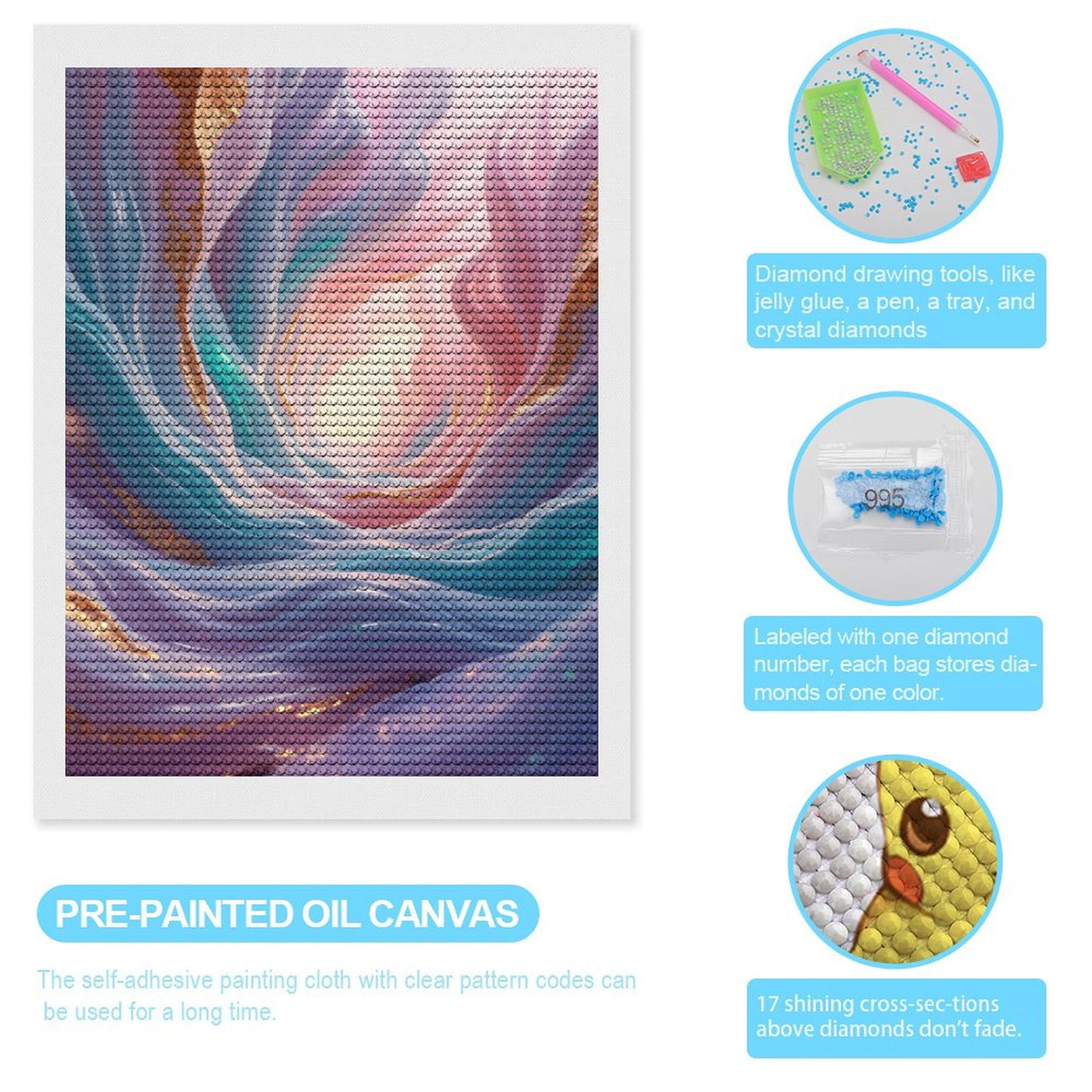 Diamond Art Kits for Adults, Ethereal Pastel Swirl Abstract Art 5D Diamond Painting Kits for Adults Beginners, DIY Full Drill Diamond Painting, Gem Art and Crafts 12x16