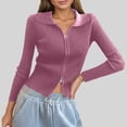 thumbnail image 2 of Women's Double Zip Ribbed Knit Cardigan Tight Fitting Crop Top With Collar, 2 of 4