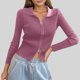 thumbnail image 1 of MHFRRA Cárdigan de Punto Acanalado con Doble Cremallera para Mujer, Top Corto Ajustado con Cuello Rosa, 1 of 3