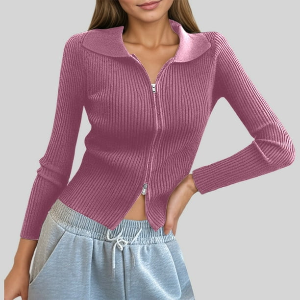 MHFRRA Cárdigan de Punto Acanalado con Doble Cremallera para Mujer, Top Corto Ajustado con Cuello Rosa