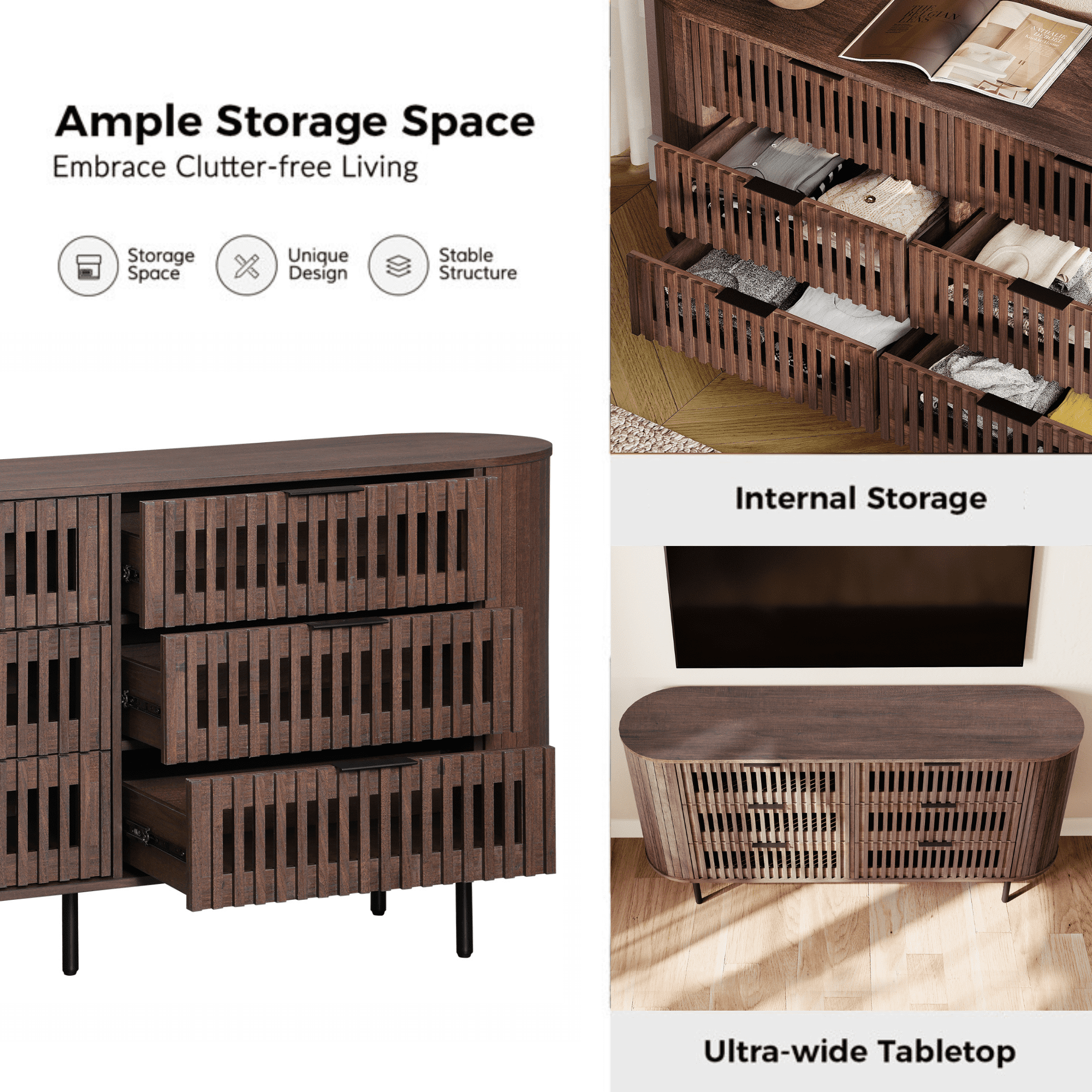 WAMPAT Fluted Dresser TV Stand for 70 Inch TV, Mid Century Modern Entertainment Center with Drawers, Walnut