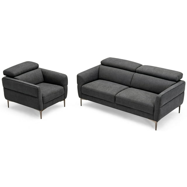 Costway 2 PCS Living Room Set Fabric Sofa & Accent Chair with Adjustable Headrest Grey