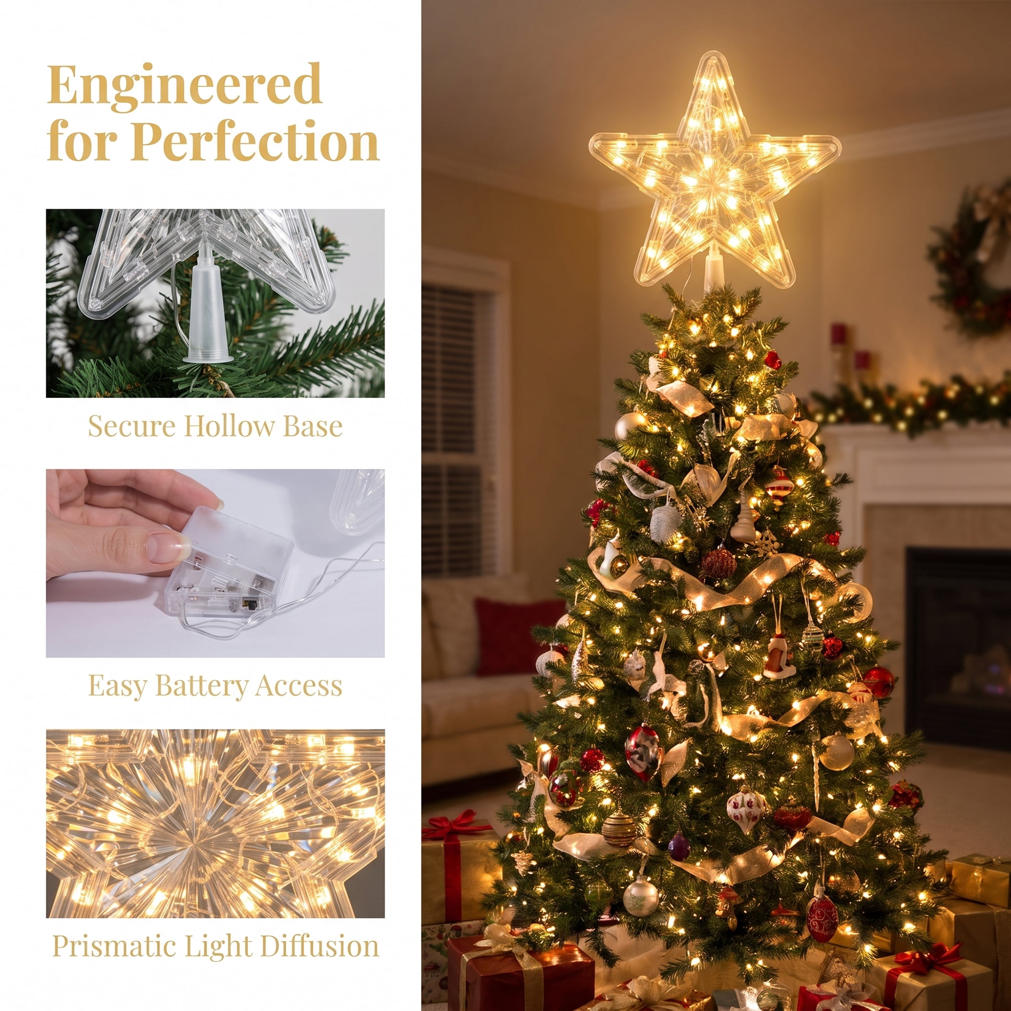 Unique Bargains Tree Finial Battery Operated Spring Mount Star Warm White Lights 7.9"
