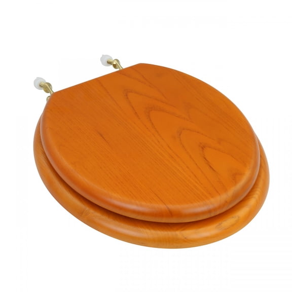 Renovator's Supply Round Golden Oak Finish Brass Hinge Toilet Seat in Wood