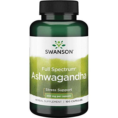 Swanson Premium Swanson Ashwagandha Powder Supplement-Ashwagandha Root & Aerial Parts Supplement Promoting Stress Relief & Energy Support-Ayurvedic Supplement for Natural Wellness (100 Capsules, 450mg Each) supplement bottle