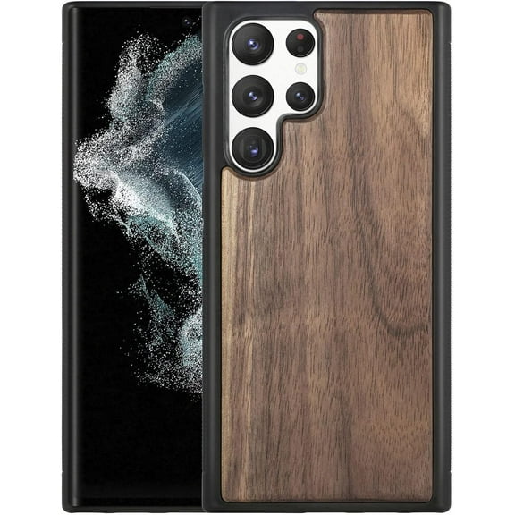 Solid Wood Case for Samsung Galaxy S22 Ultra, Luxurious Natural Wood Slim Case with Drop Tested Shockproof Bumper and Camera Lens Protection Cover for Samsung Galaxy S22 Ultra, MW Walnut