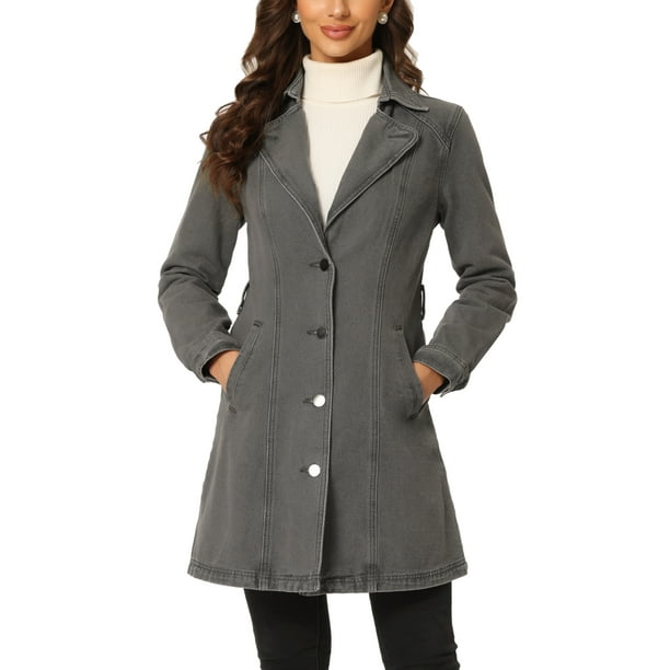 Chaqueta de mezclilla larga con cinturón y botones de manga larga con solapa para mujer INSPIRE CHIC en negro y gris