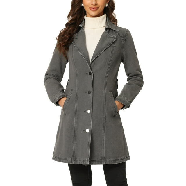 INSPIRE CHIC Women's Notched Lapel Long Sleeves Button Belted Long Denim Jacket M Black Gray