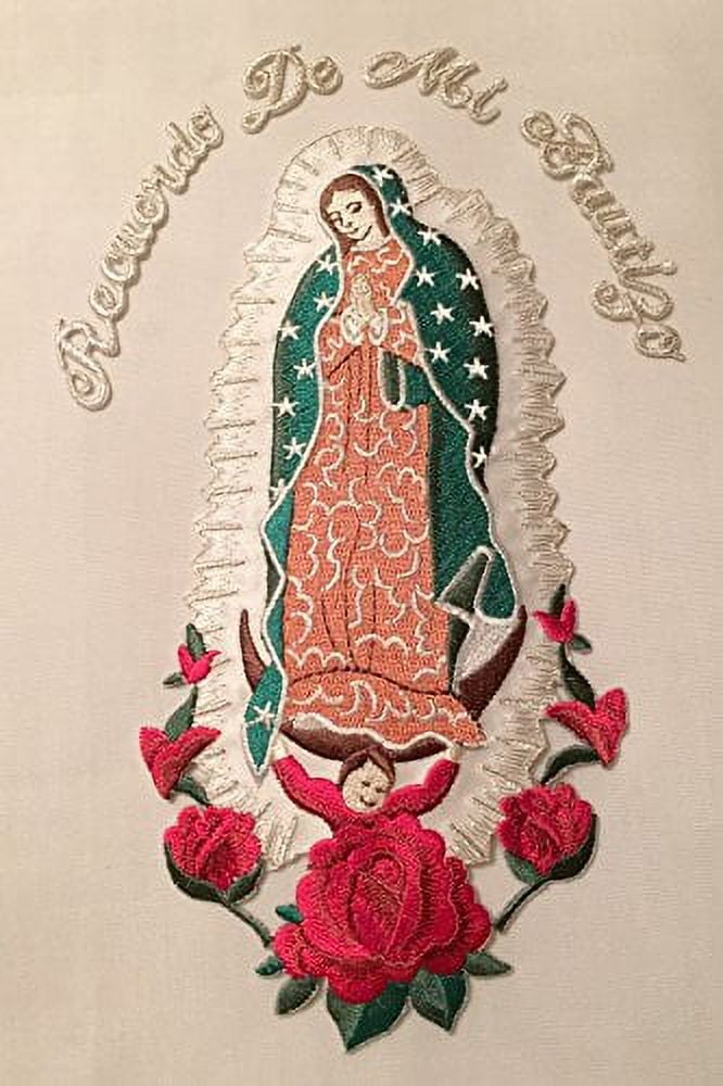 CF3773 Virgin Mary (Quadalupe) Christening Baptism Embroidered Iron On Patch (7"x4", with Words)