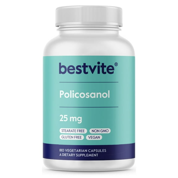 BESTVITE Policosanol 25mg (180 Vegetarian Capsules) - No Stearates - No Flow Agents