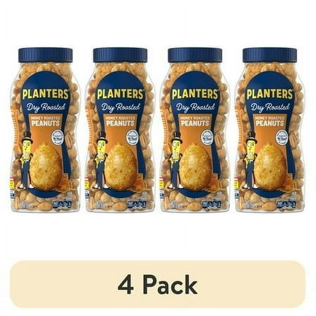 (4 pack) PLANTERS Honey Roasted Peanuts, Party Snacks, Plant-Based Protein, 16 oz Jar