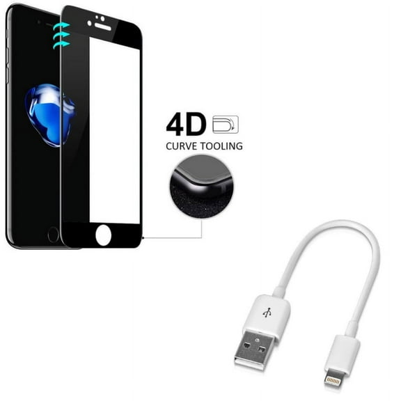 iPhone 7/8 PLUS Short USB Cable w Screen Protector - Charger Cord Power Wire, Tempered Glass 4D Touch Curved Edge Full Cover for iPhone 8 PLUS/7 Plus