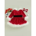 thumbnail image 5 of Christmas Clothes Set 12M 18M 24M 3Y 4Y 5Y 6Y Faux Fur Patchwork Long Sleeve Off Shoulder A-Line Dress with Belt + Bow Headband, 5 of 10