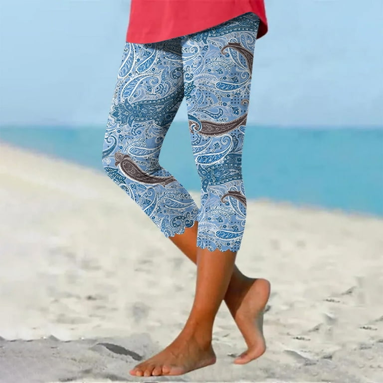 JWZUY Women's Flounce Cuff Hem Floral Capri Leggings Workout Yoga Running  Capris High Waisted Pull On Cropped Leggings Blue XXL 