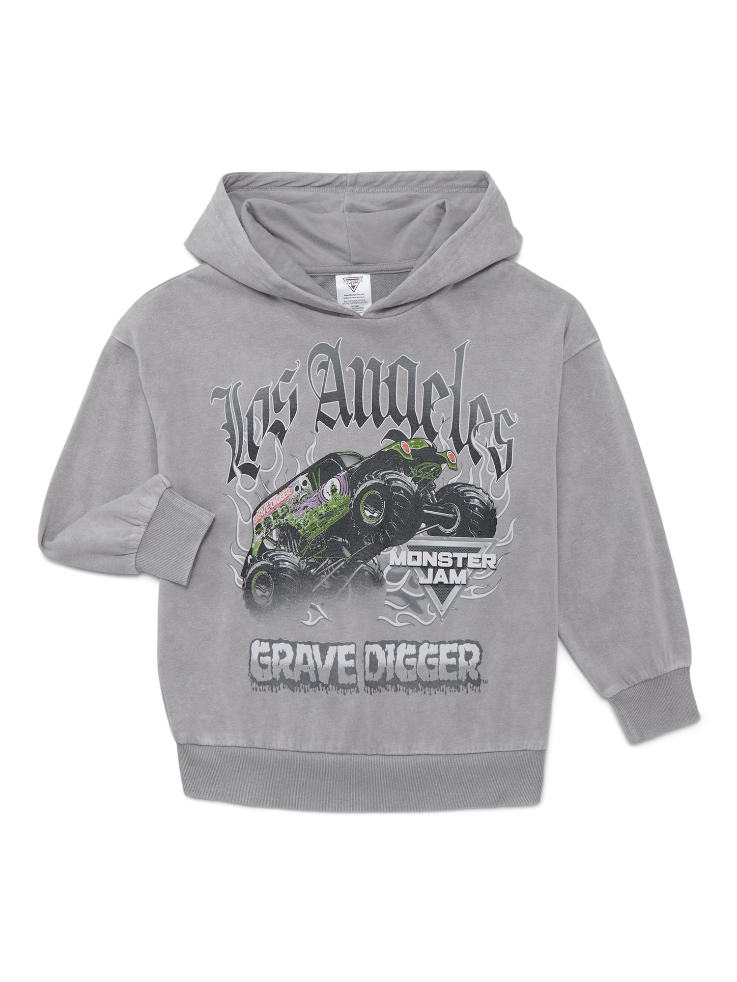 Monster Jam Boys' Grave Digger Graphic Mineral Wash Hoodie Sweatshirt with Long Sleeves, Sizes 4-18