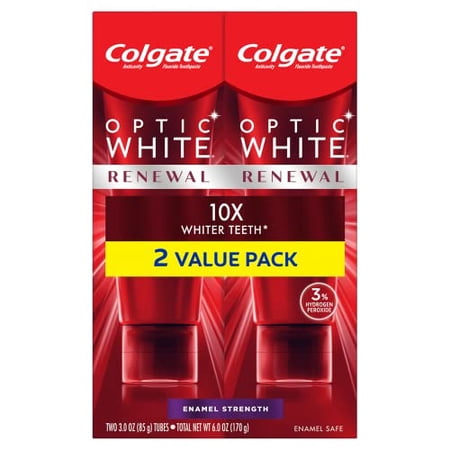 Colgate Optic Renewal Teeth Whitening Toothpaste with Fluoride Hydrogen Peroxide Enamel Strength  White  Wintergreen  3 Ounce (Pack of 2)