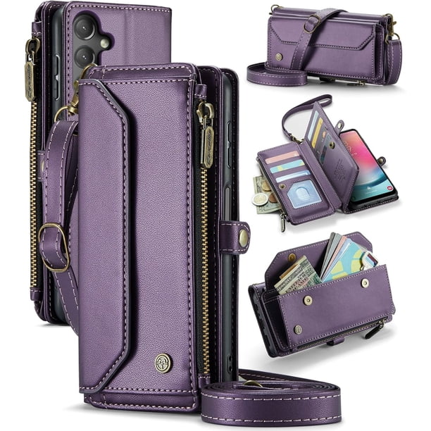 funda billetera para Samsung Galaxy A24 con Protección RFID, Ranuras para Tarjetas, Pata de Cabra, Correa Desmontable-Funda para teléfono tipo Bandolera con Tapa de Cuero PU