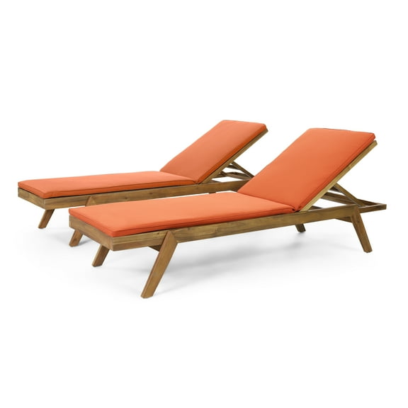 GDF Studio Larimore Outdoor Acacia Wood Armless Adjustable Chaise Lounge with Cushions, Set of 2, Teak and Orange