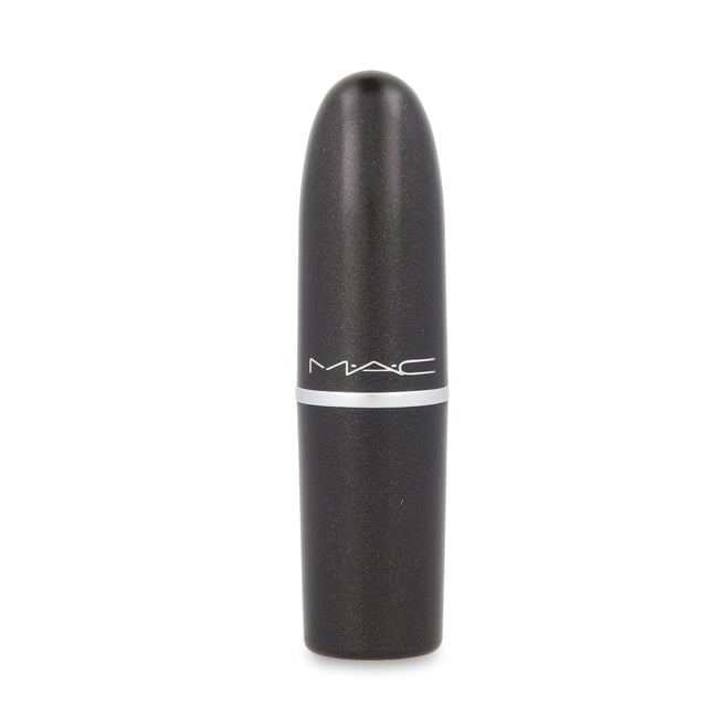 labial mac matte lipstick russian red mac mac M.A.C lápiz labial mate Russian Red, envase negro cilíndrico con tapa abovedada, banda plateada y logo M·A·C al centro, presentación 3 g, vista frontal sobre fondo blanco; cobertura total, aplicar directo o con pincel; también suele usarse para retoques rápidos en sesiones de maquillaje.