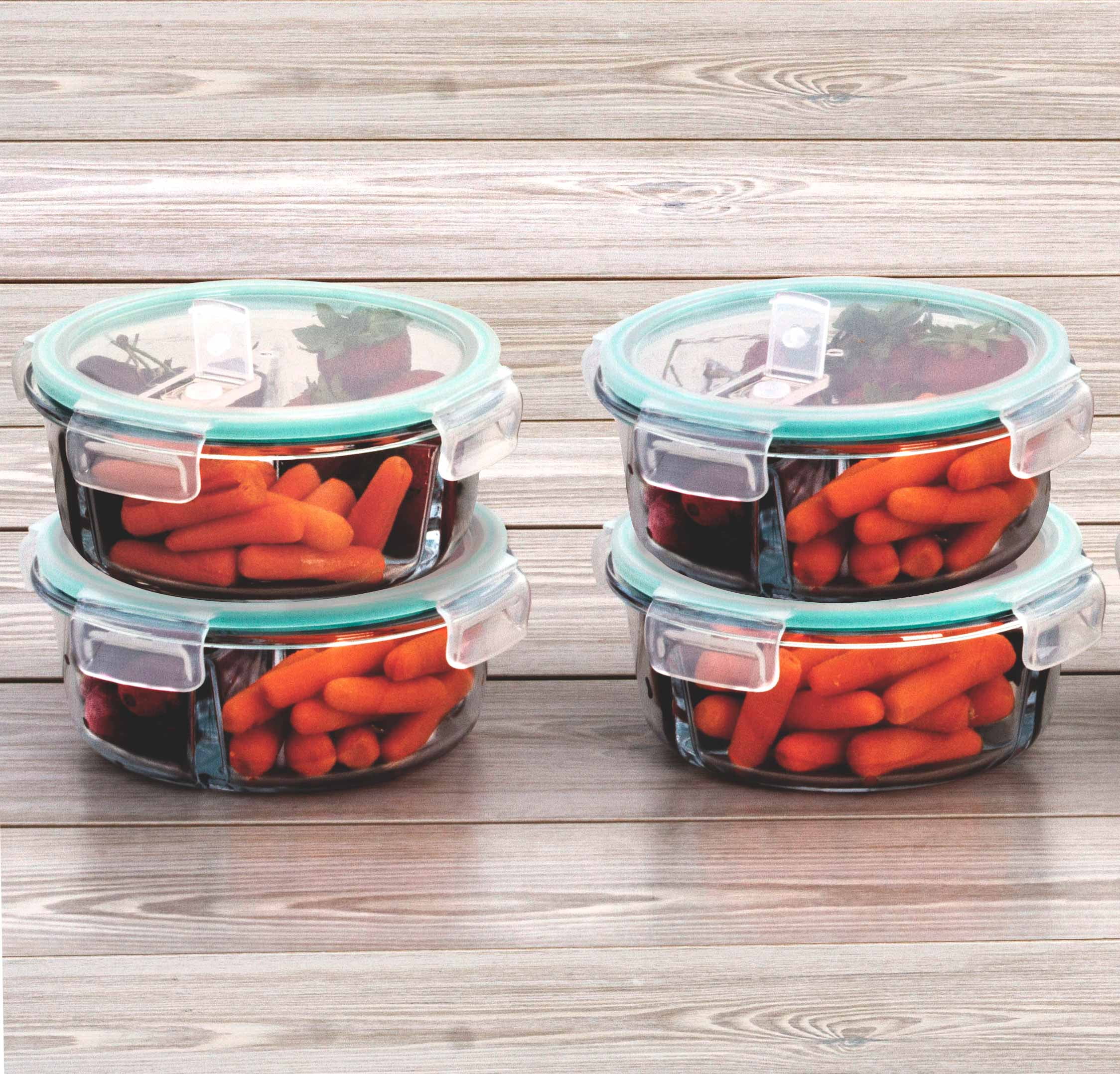 4 Pack 3 Divider Compartment Round Glass Meal Prep Container Snap Locking  Lid