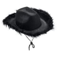 thumbnail image 1 of Sombreros de vaquero negros con plumas, sombrero de vaquera esponjoso para hombres y mujeres, sombrero de vestir de fiesta occidental de ala ancha de fieltro, 1 of 5