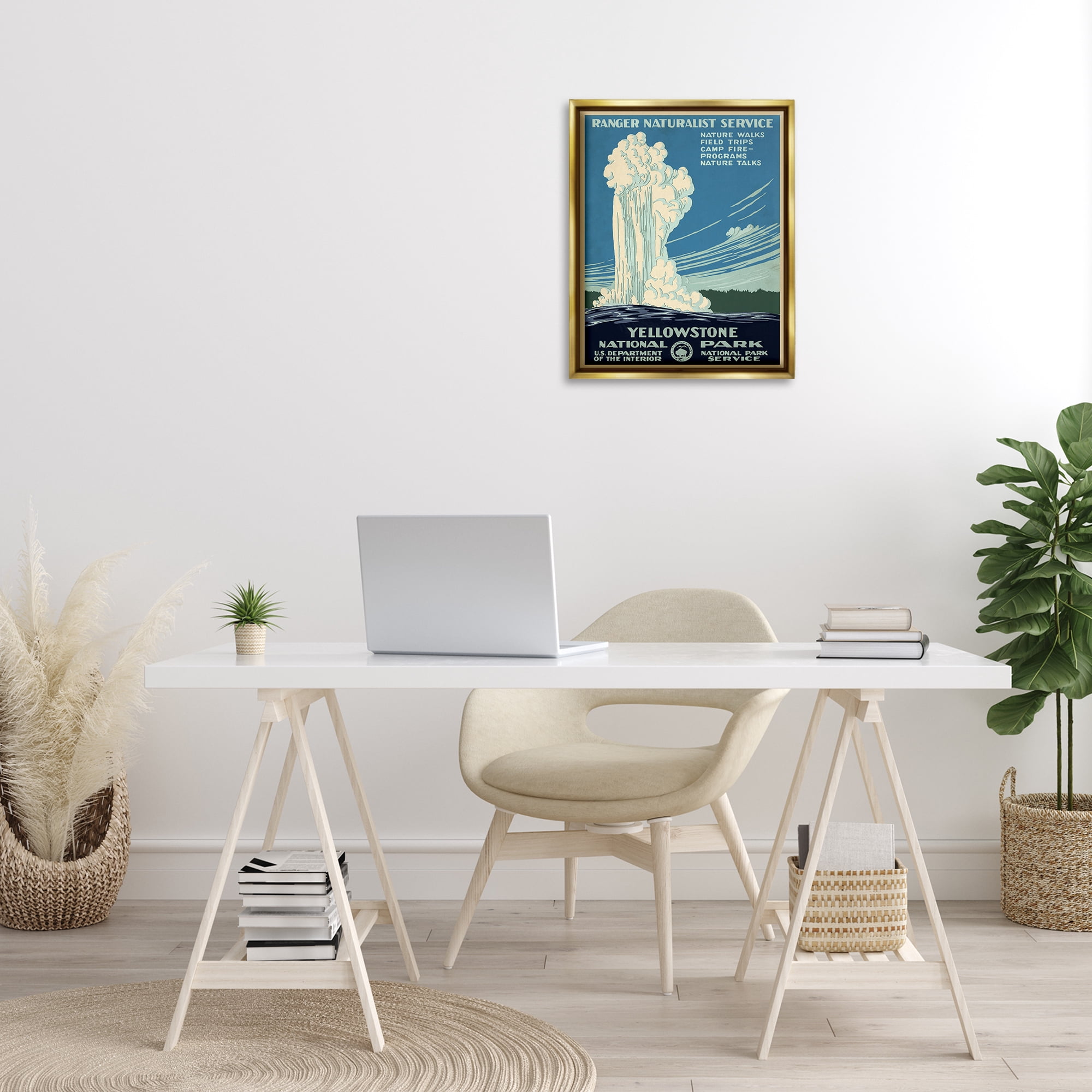 Stupell Industries Vintage Yellowstone Poster Landscape Painting Gold Floater Framed Art Print Wall Art, 17 x 21