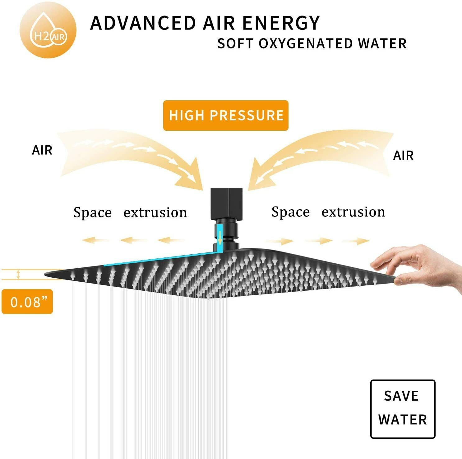Black 16" Rain Shower Head Ultra thin Square Rainfall Sprayer Ceiling/Wall Mount