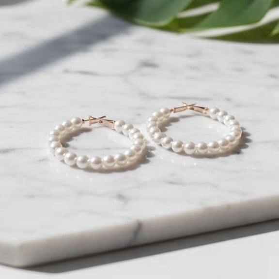 RubyLee Elegance Hoop White, Pearl Fashion Earrings for Women Earrings, Stainless Steel, Jewelry Pouch, 2