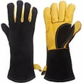 thumbnail image 1 of Guantes de barbacoa para parrilla de 932 ℉ Guante de soldadura de forja de cuero resistente al calor de 14 pulgadas con manga larga retardante de llama y forro aislante para hombres y mujere, 1 of 5