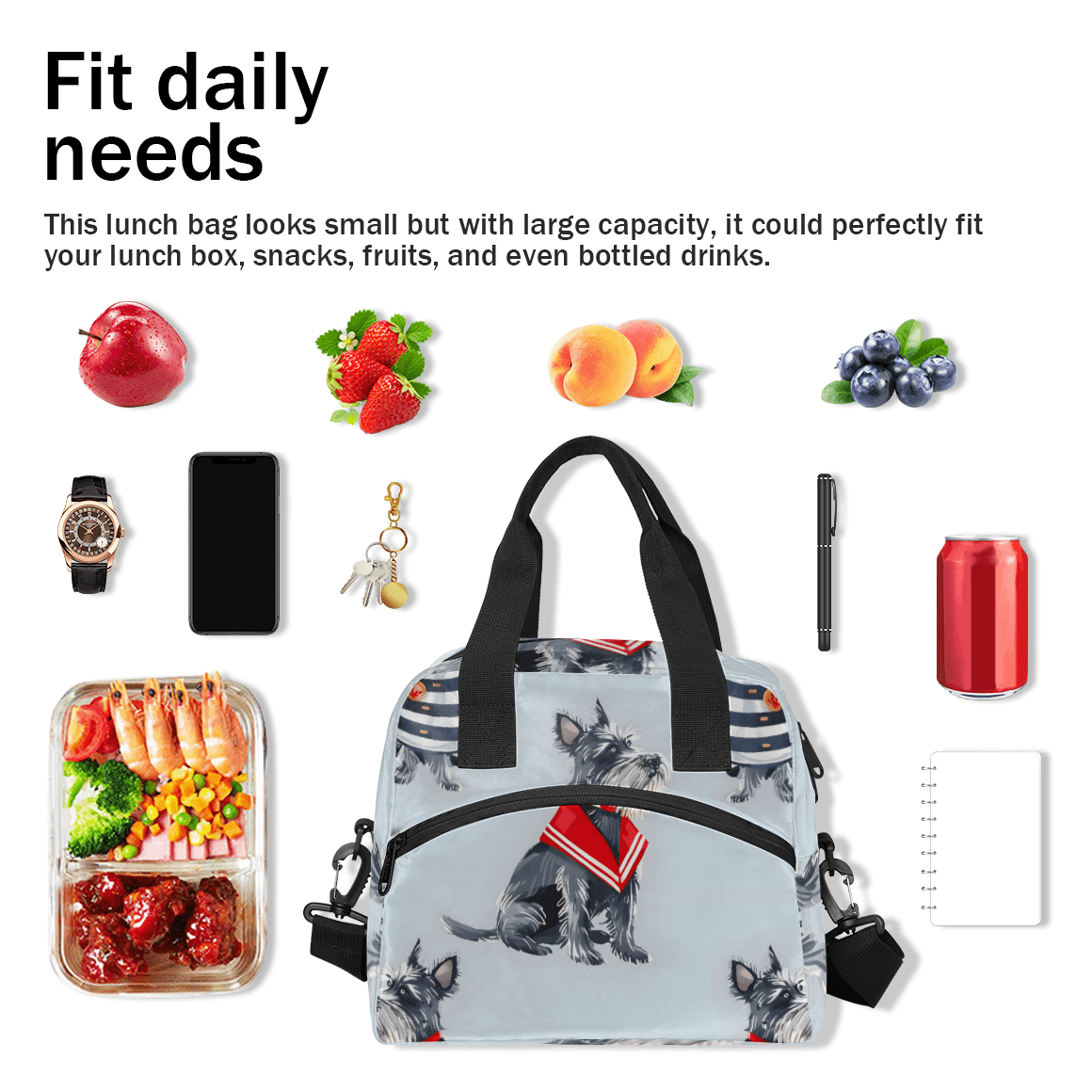 Herdesigns Cute Dog Scottish Terrier Insulated Lunch Bag for Women Men Adults Large Reusable Lunch Box Leakproof Portable Cooler Tote Bags with Adjustable Shoulder Strap