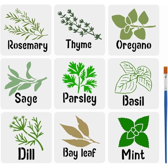 Juego de 9 plantillas variadas de vainilla con pincel (15 x 15 cm): romero, tomillo, orégano, salvia, perejil, albahaca, eneldo, laurel y menta.