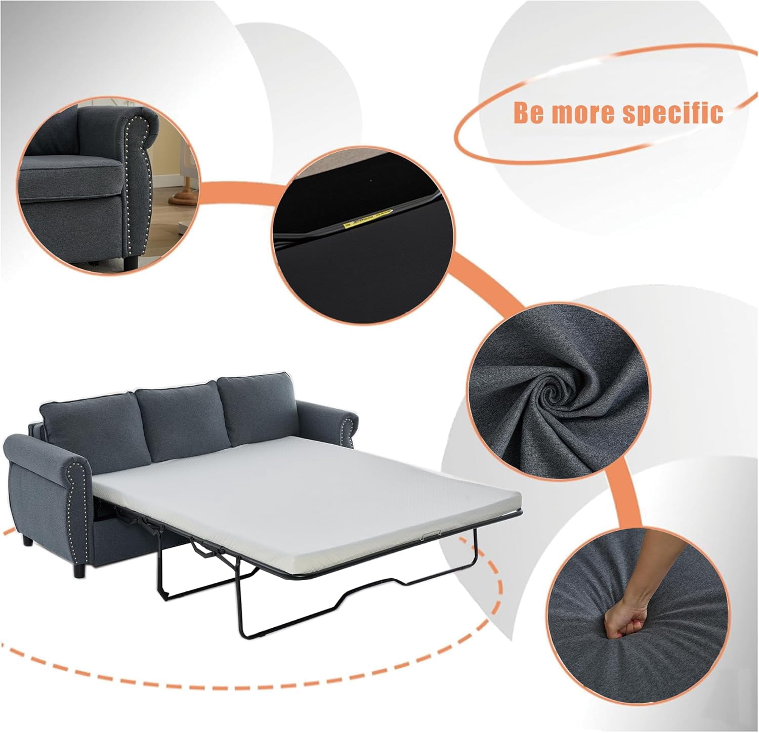 Sleeper Sofa Bed Full Size, Pull Out Couch with Mattress, 81.5'' 3 Seater Upholstery Sectional Couches, Modern Linen Convertible Sofa, Living Room Furniture for Small Spaces, Apartment, Grey