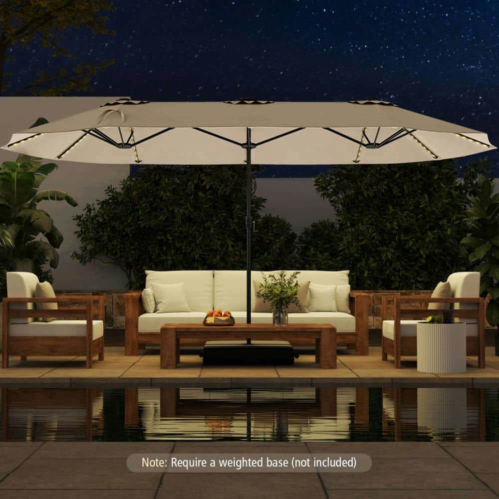 Demifill 15.5 FT Extra-Large Patio Umbrella, Outdoor Shade with LED Solar Lights and Crank Handle for Outdoor, Beige