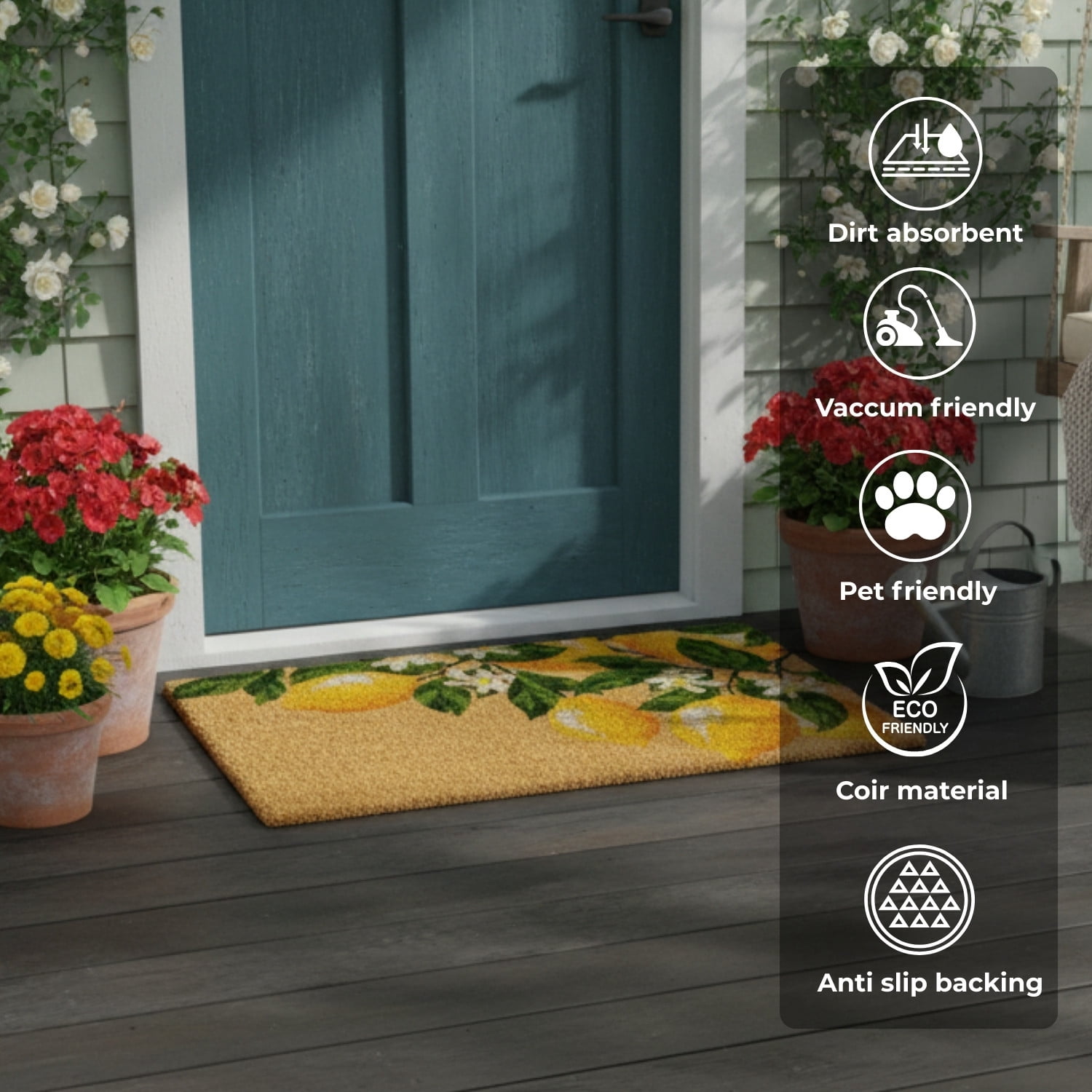 Abbott Doormat Durable Natural Coco Coir Doormat, Weather Resitant Mat Outdoor & Indoor Entrance, Home Decor Large Doormat, 18x30", Lemon Branch