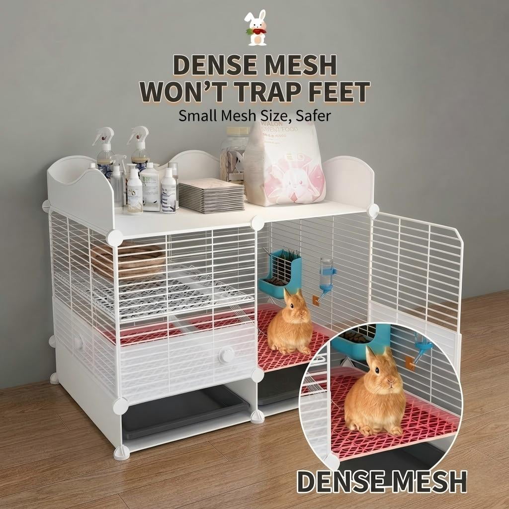 Aqwiopr Indoor Small Animal Cage with Storage Top & Wheels - Rolling Metal Habitat for Rabbits, Guinea Pigs, & Ferrets - Leak-Proof Trays & Ramp