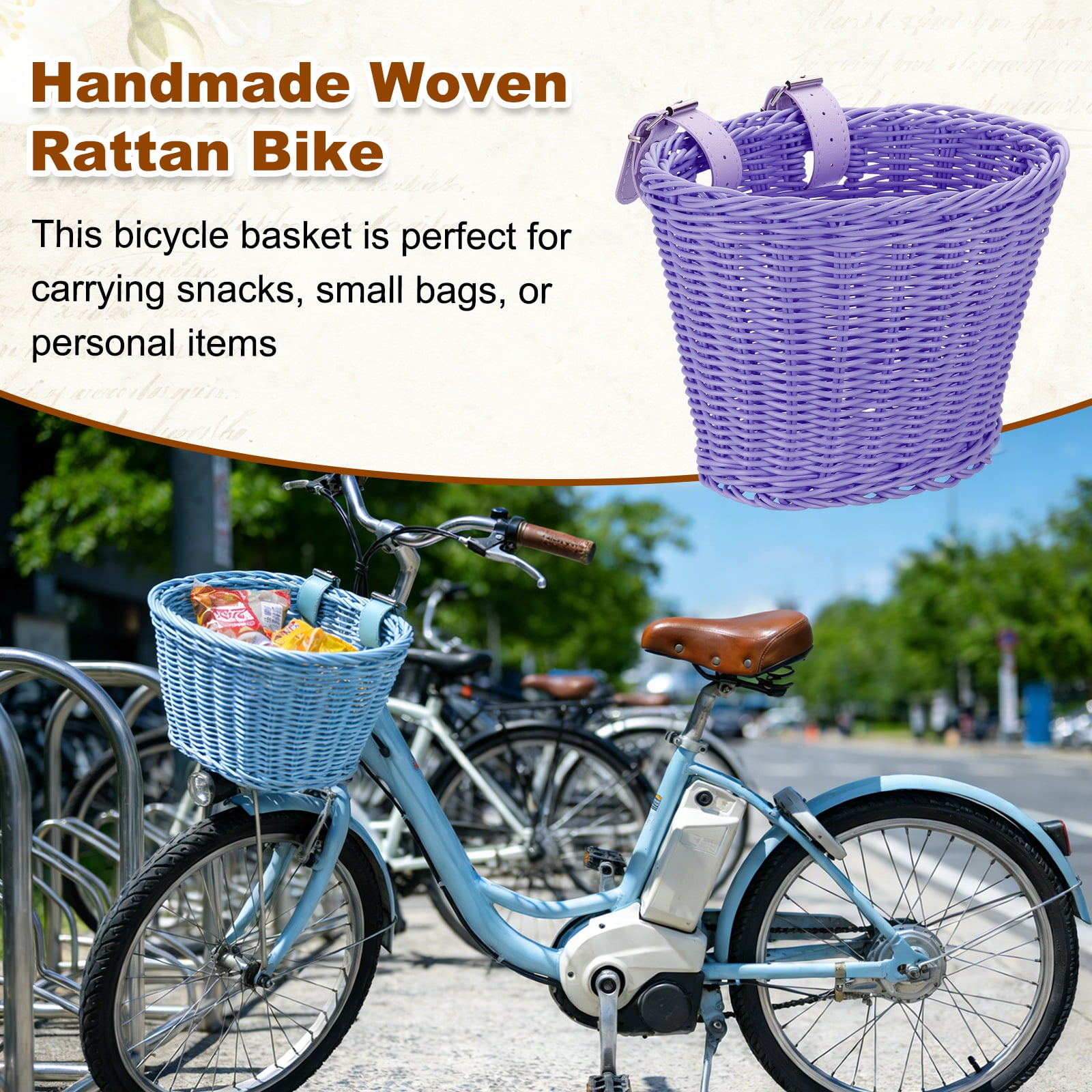 Uxcell Bike Basket Front, Hand-Woven Bicycle Basket with Adjustable PU Belts 1 Pack & Purple-Fitting For(Most Road Bikes, Bicycles/Scooters)